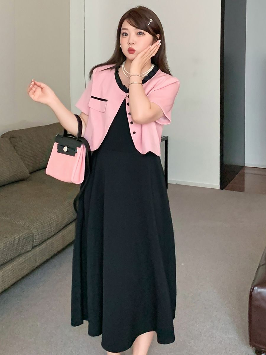 大码小香风套装裙显瘦短袖上衣两件套