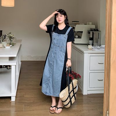 大码女装假两件拼接牛仔背带连衣裙