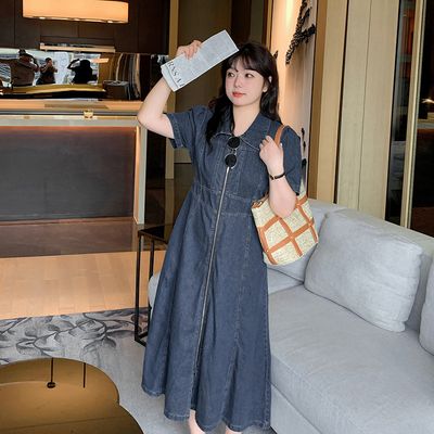 大码女装POLO领拉链牛仔连衣裙