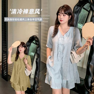 大码禅意风时中式盘扣上衣短裤两件套