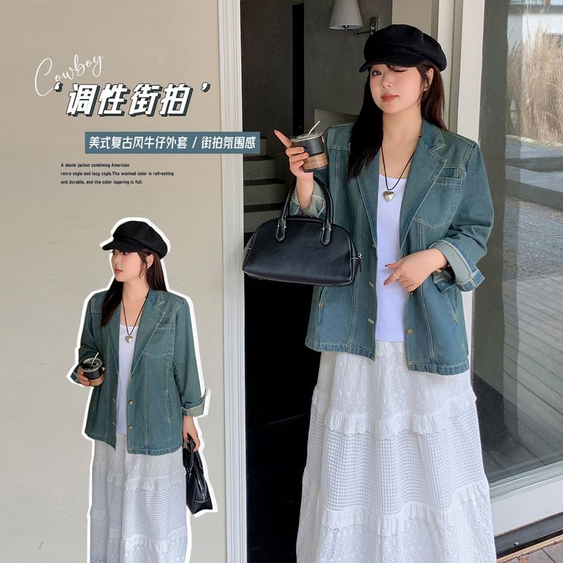 大码复古风慵懒休闲水洗牛仔外套