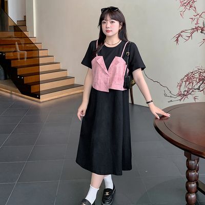 大码假两件拼接A字裙长短款连衣裙
