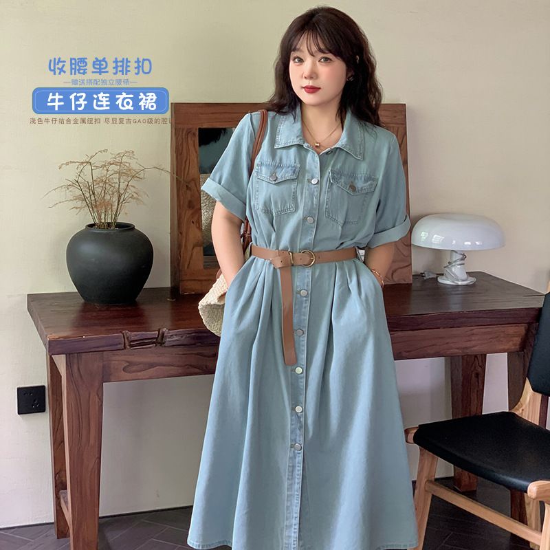 大码复古排扣牛仔连衣裙