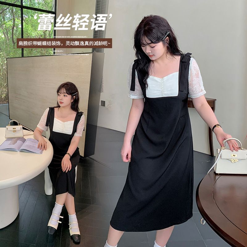 大码甜美方领蝴蝶结假两件连身裙