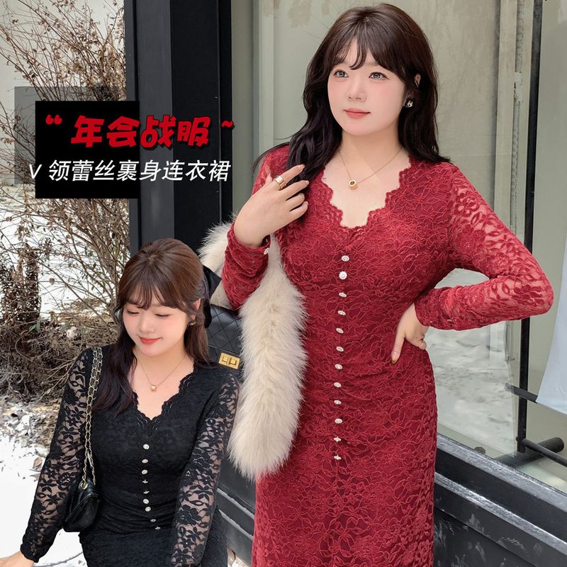 大码性感蕾丝V领修身收腰连衣裙