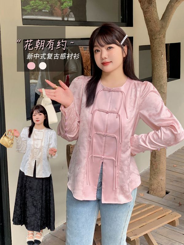 大码盘扣国风提花衬衫
