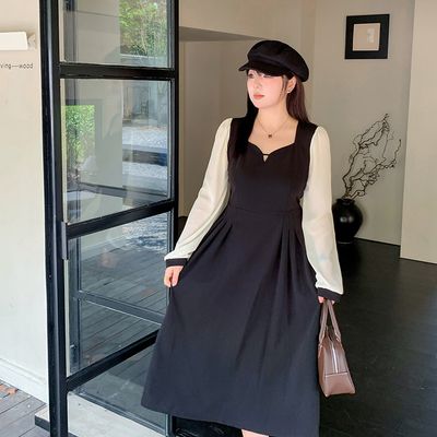 大码范气质赫本拼接撞色连衣裙