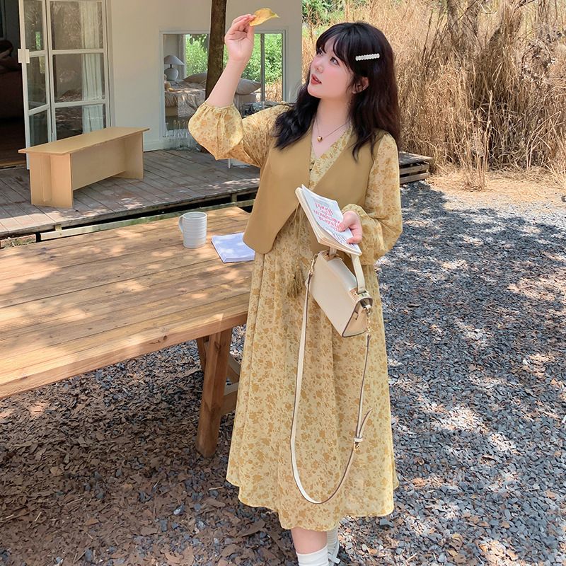大码甜美碎花裙马甲连衣裙两件套