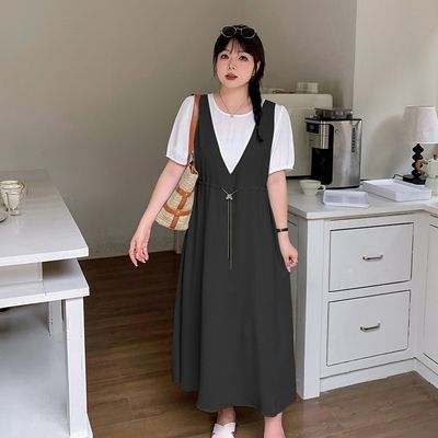 大码女装拼接假两件连衣裙