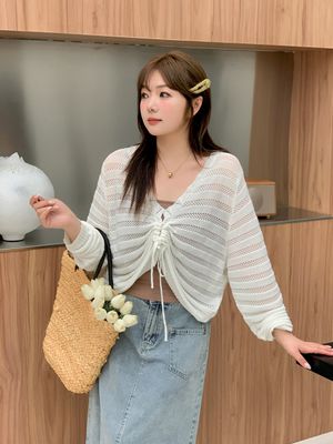 大码开衫夏季外搭女V领抽绳镂空针织罩衫