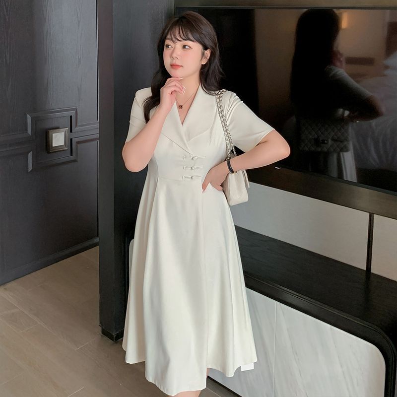 大码v型翻领新中式西服款连衣裙