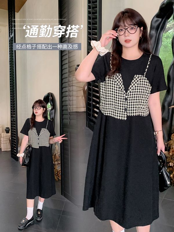 大码设计感拼接格子假两件连衣裙