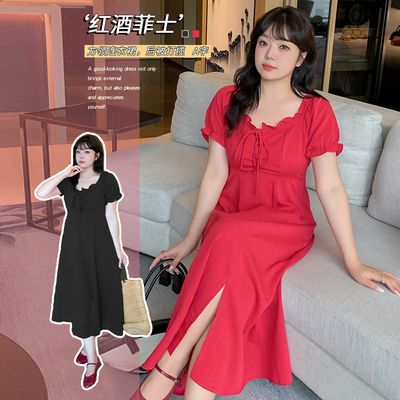 大码法式方领泡泡袖连衣裙