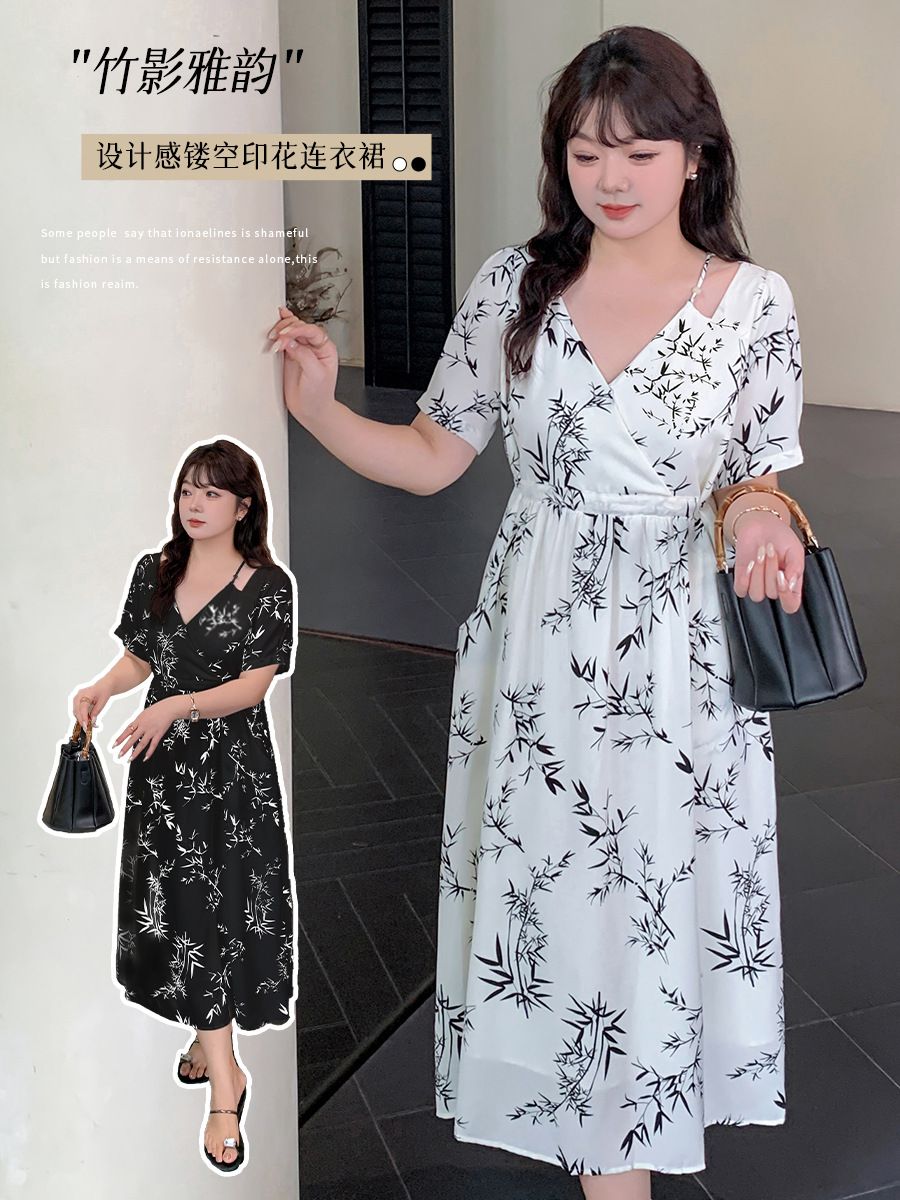 复古风竹叶印花短袖连衣裙