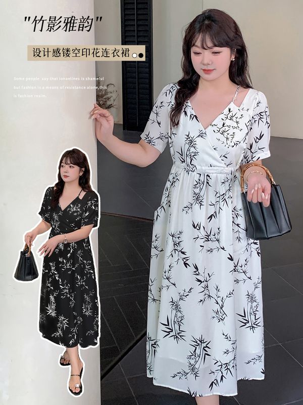 复古风竹叶印花短袖连衣裙