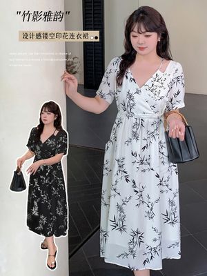 复古风竹叶印花短袖连衣裙