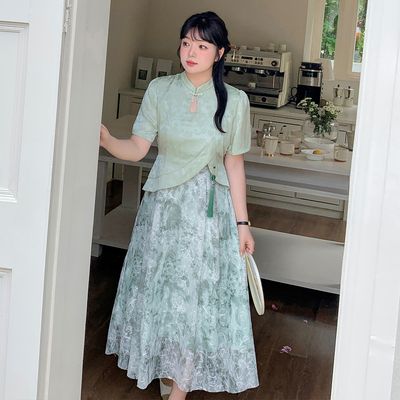 大码复古新中式假两件设计连衣裙蕾丝旗袍裙