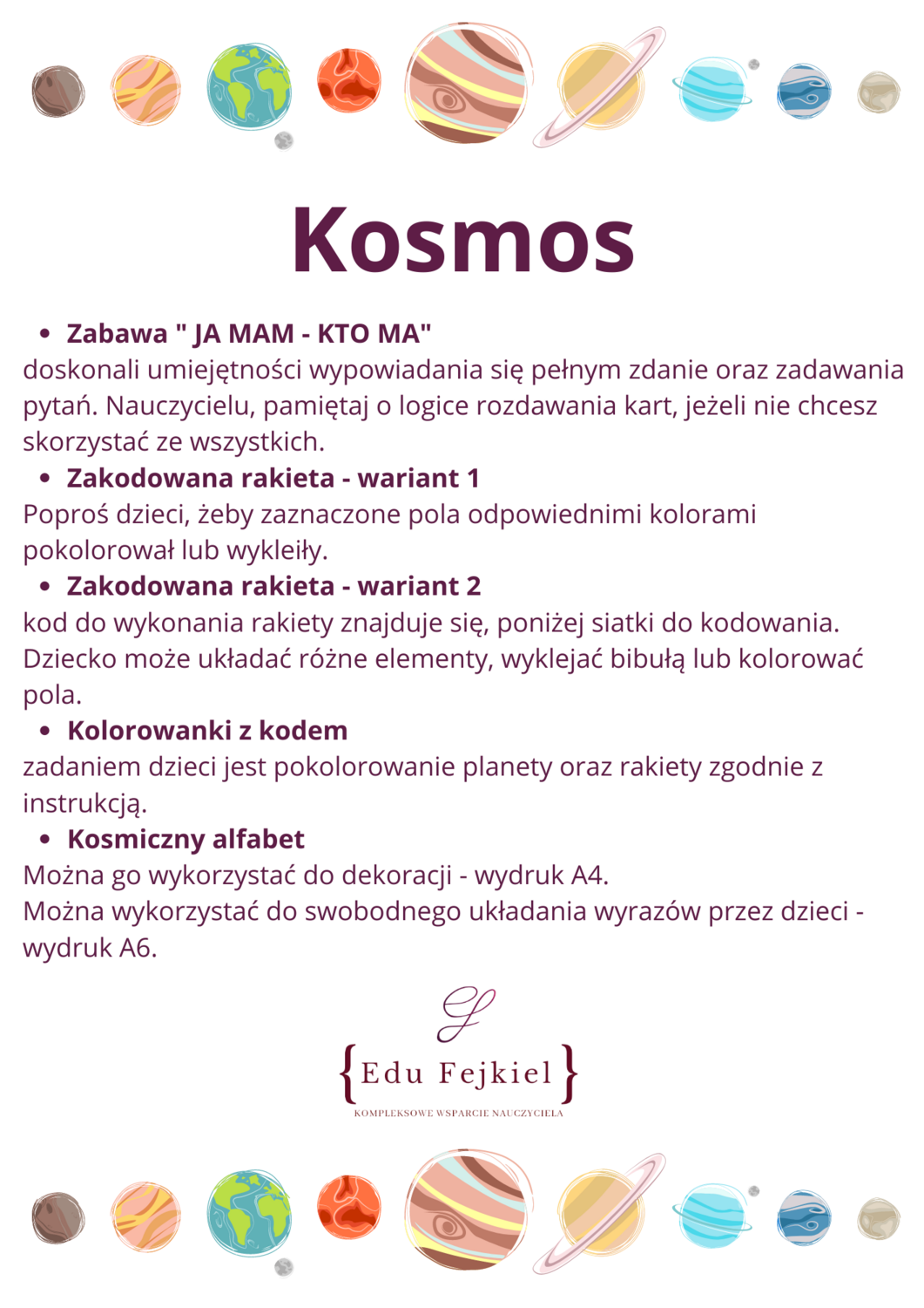 Kosmos materiały + napis