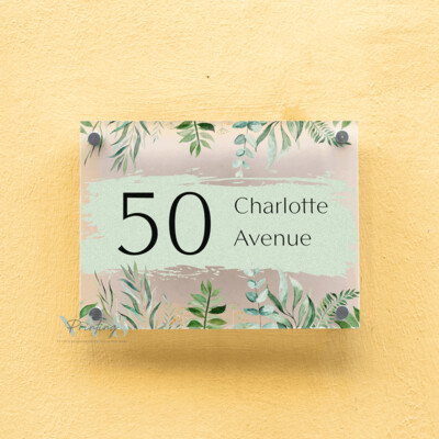 House Number Sign Printed Address Signage | Modern Contemporary Eucalyptus Floral Plaque