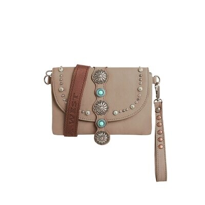 100% Genuine Leather Concho Collection Crossbody/Wristlet TAN
