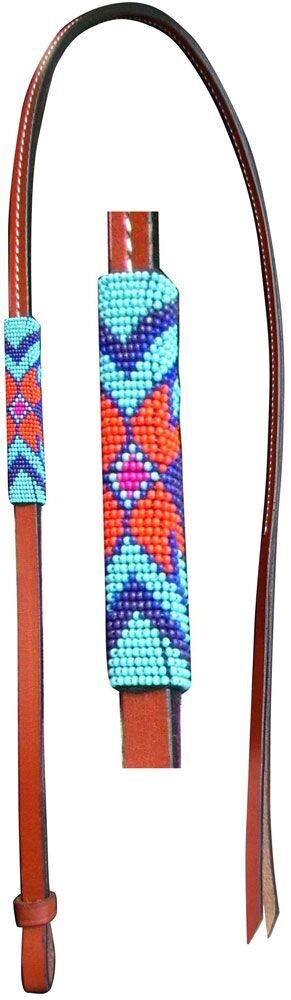 4 Ft Leather Over & Under Whip With Teal, Purple, Orange Beaded Overlay