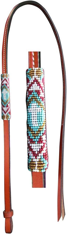 4 Ft Leather Over & Under Whip With Teal, Red, Gold Beaded Overlay