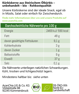 Steirische Kürbiskerne - Bio - Rohkostqualität - unbehandelt - 500g