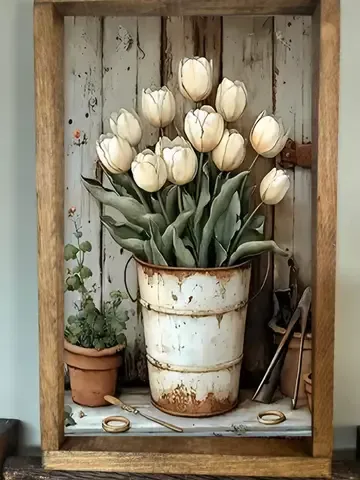 Cream Tulip Bucket Farmhouse Sign - 8x12