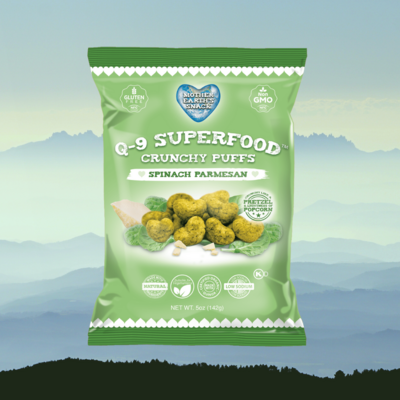Q-9 SuperFood Crunchy Spinach Parmesan Quinoa Puffs - Family size
 Qty 4-5oz bags