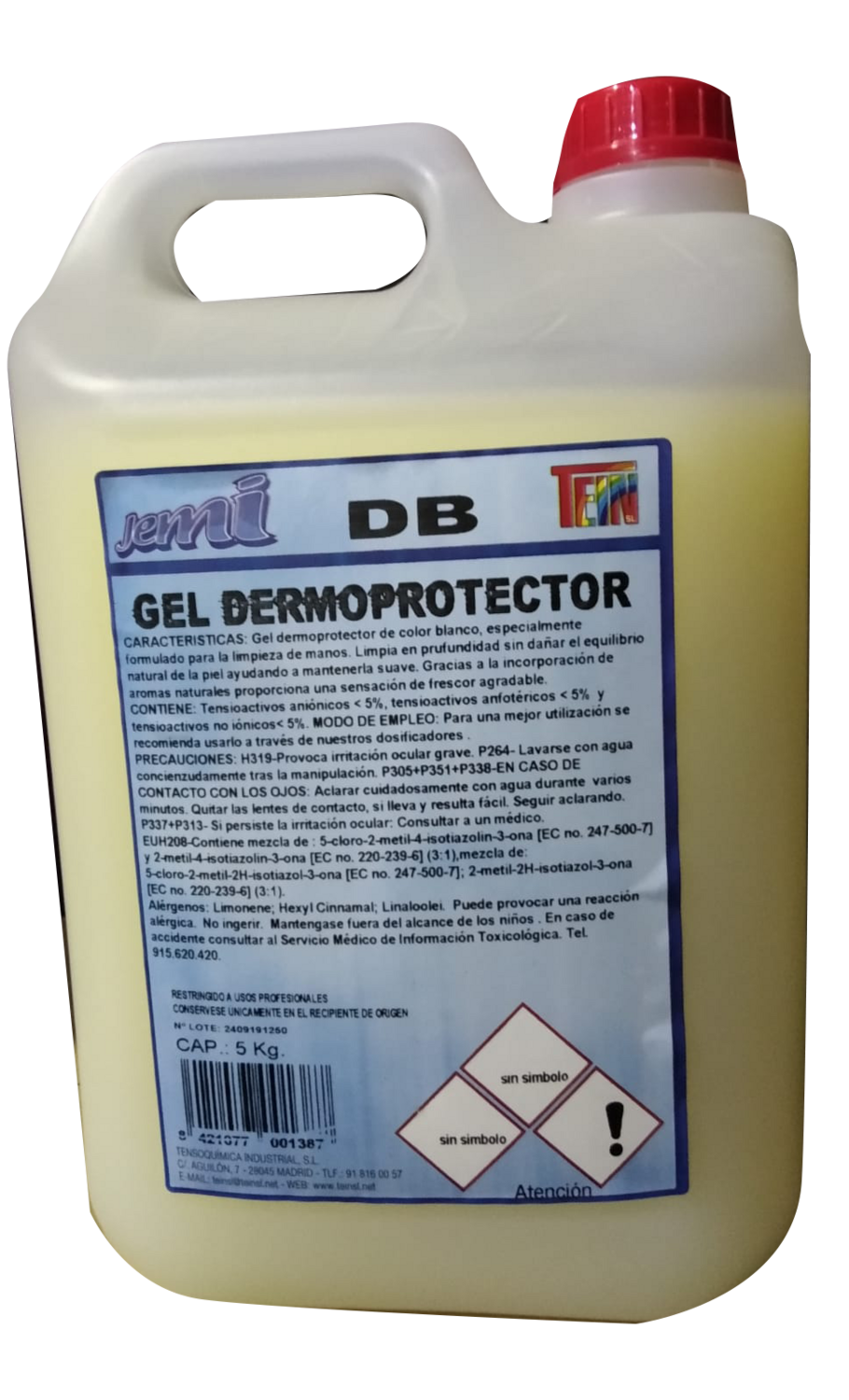 Gel de Manos dermoprotector   garrafa de   5 Ltr Precio Sin IVA  7.45 €