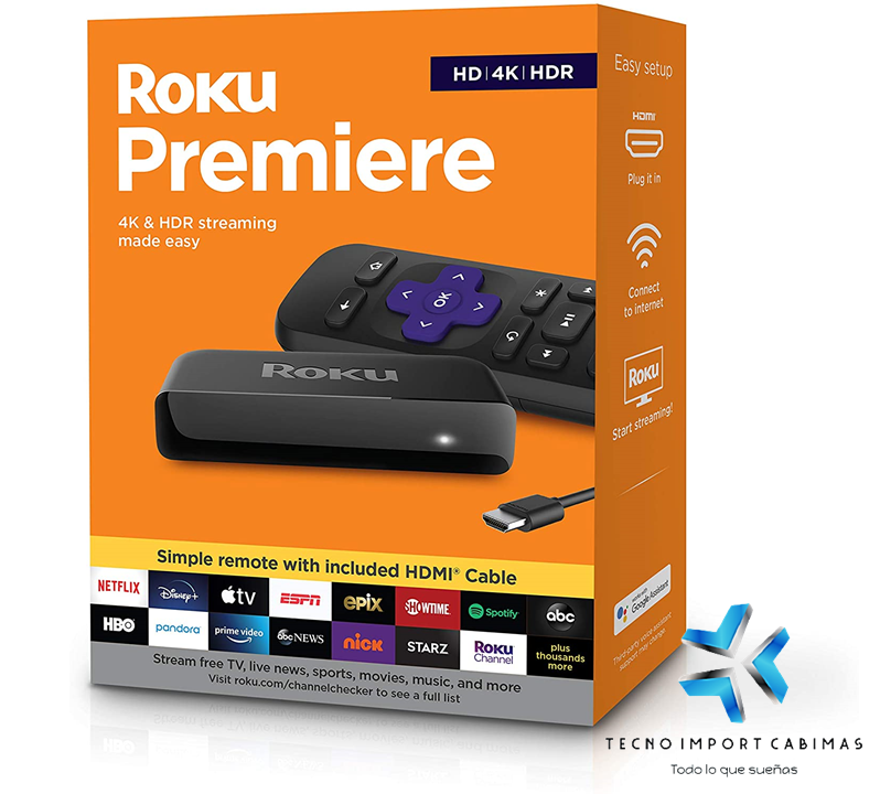 Roku Premiere | Reproductor multimedia de transmisión HD/4K/HDR, control remoto simple y cable HDMI Premium