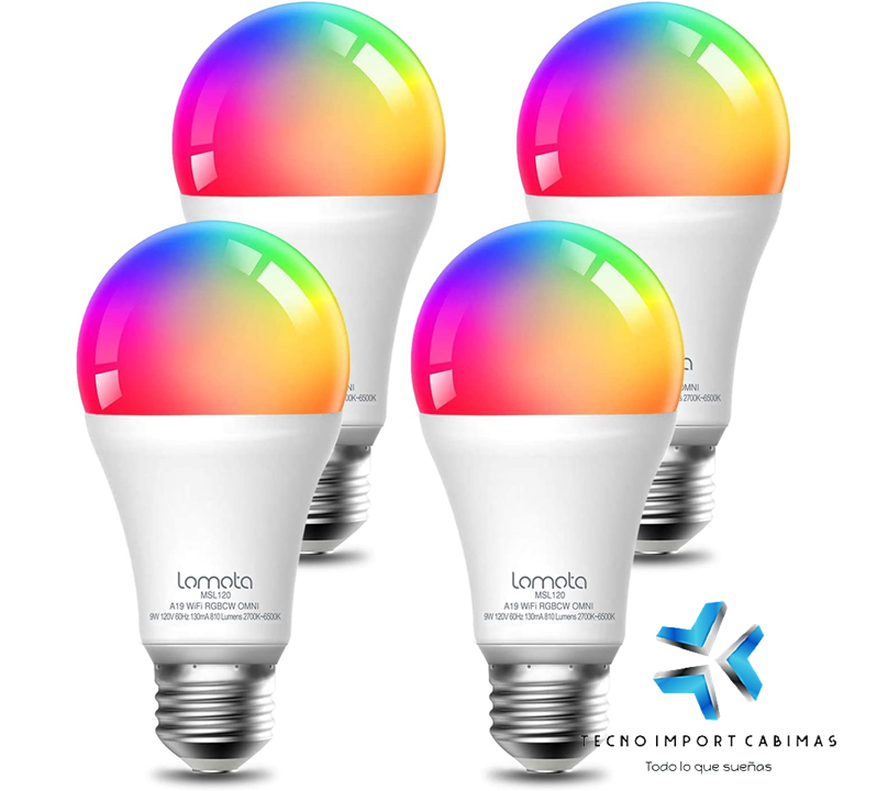 Bombilla inteligente WiFi regulable, compatible con Alexa y Google Assistant, 2700K-6500K RGBCW, 810 lúmenes equivalente a 60W Lomota A19 E26 WiFi bombilla LED, sin concentrador