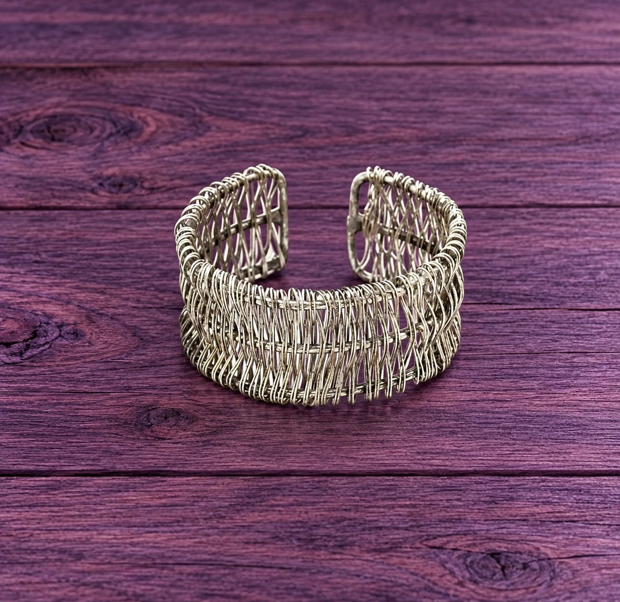 Basketweave Antique Silver Middle Bar Cuff