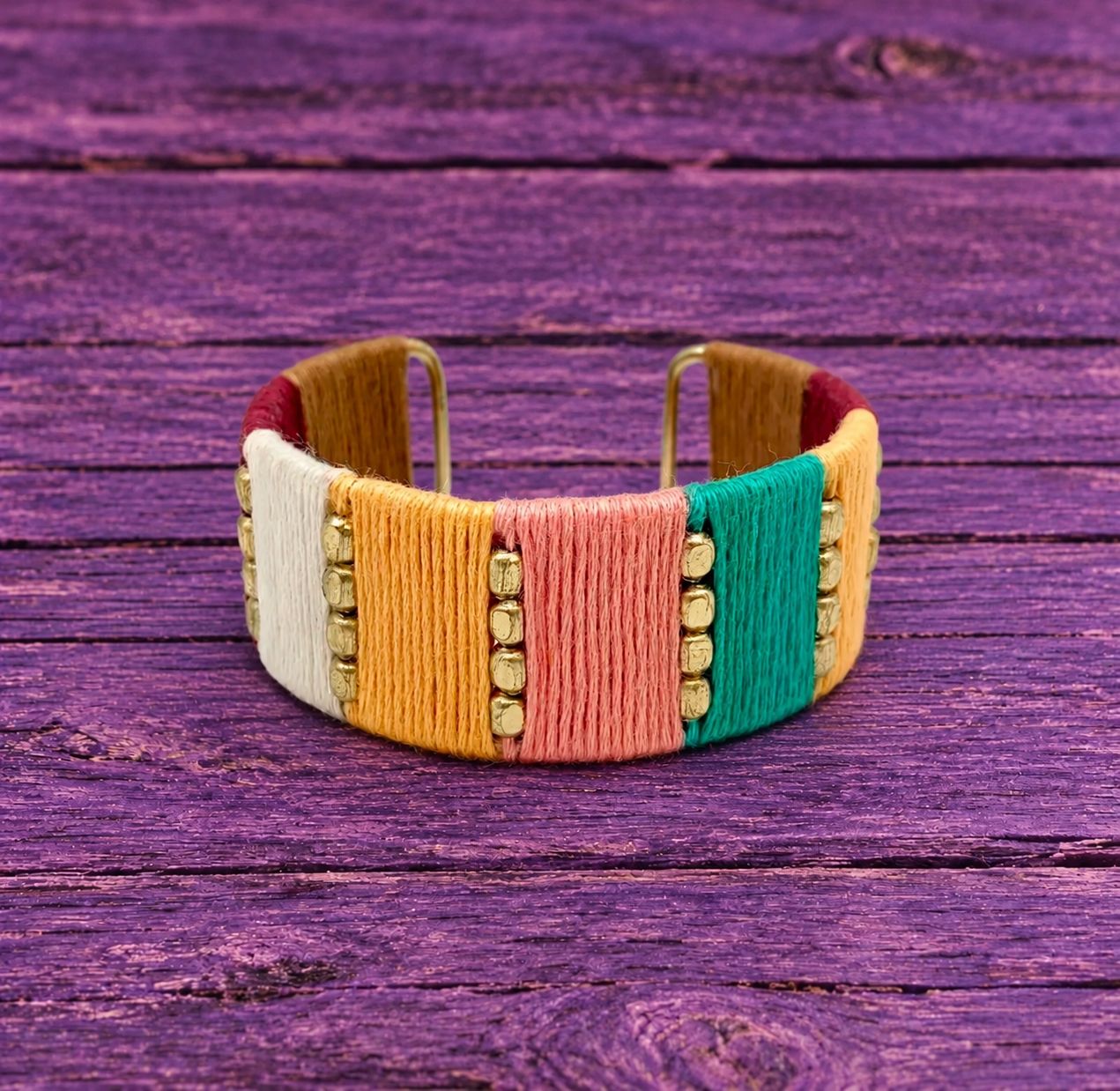 Artisan Multicolor Thread-Wrapped Cuff Bracelet