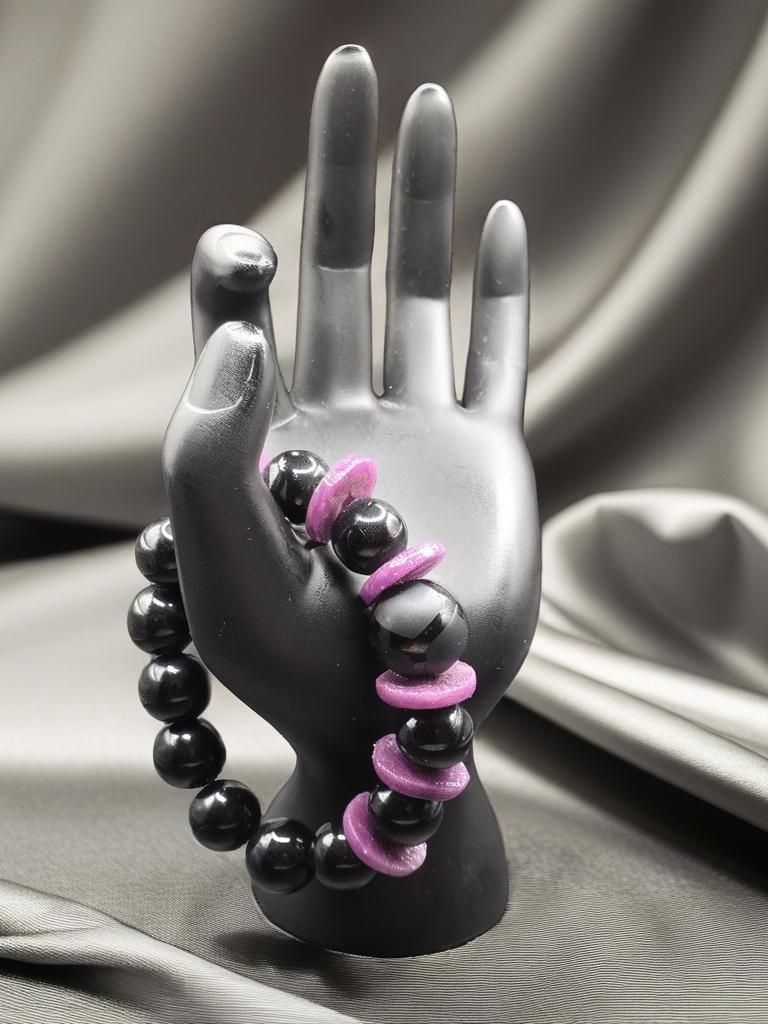 Beautiful Woman&#39;s Black Onyx Bracelet with Purple Glass Spacers
