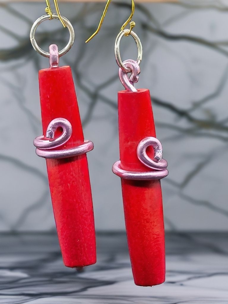 Red wood tube with pink wire accents earrings
