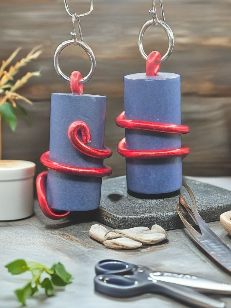 Blue wood tube with red wire accents earrings