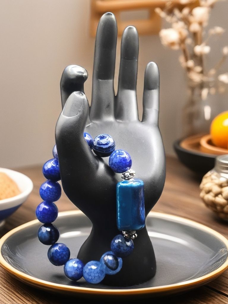 Beautiful Men&#39;s Blue Agate bracelet with Porcelain focal piece