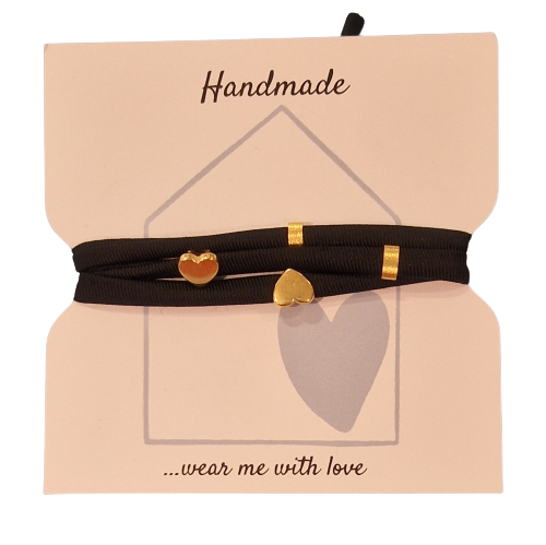Wickelarmband schwarz mit zwei Herz Schiebeperlen und zwei ovalen Tubes gold