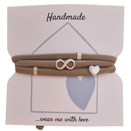 Wickelarmband hazel naturbraun mit  Herz - und Infinity Schiebeperle und zwei ovalen Tubes silber
