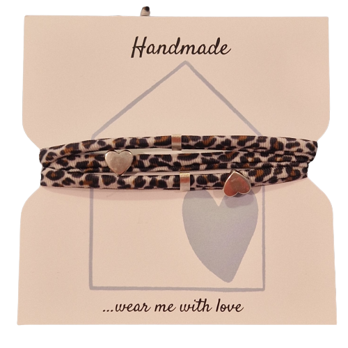 Wickelarmband Leopard schwarz/weiß/braun  mit  Herz - und Infinity Schiebeperle und zwei ovalen Tubes silber