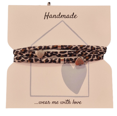 Wickelarmband Leopard schwarz/weiß/braun  mit  Herz - und Infinity Schiebeperle und zwei ovalen Tubes silber