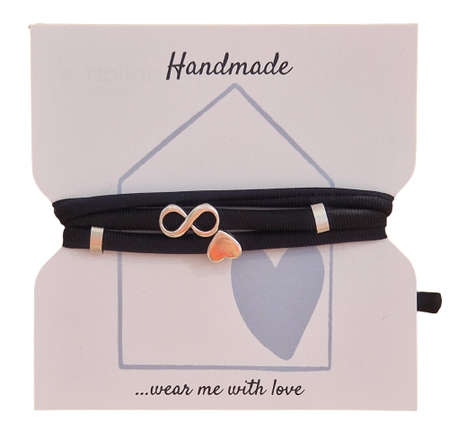Wickelarmband schwarz mit  Herz - und Infinity Schiebeperle und zwei ovalen Tubes