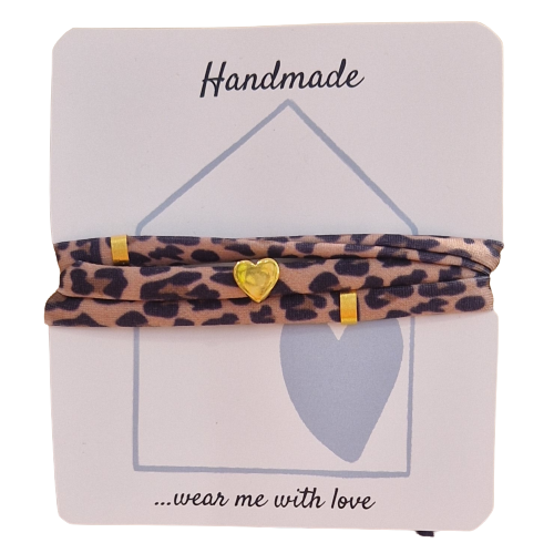 Wickelarmband Leopard schwarz/braun  mit  Herz Schiebeperle und zwei ovalen Tubes gold