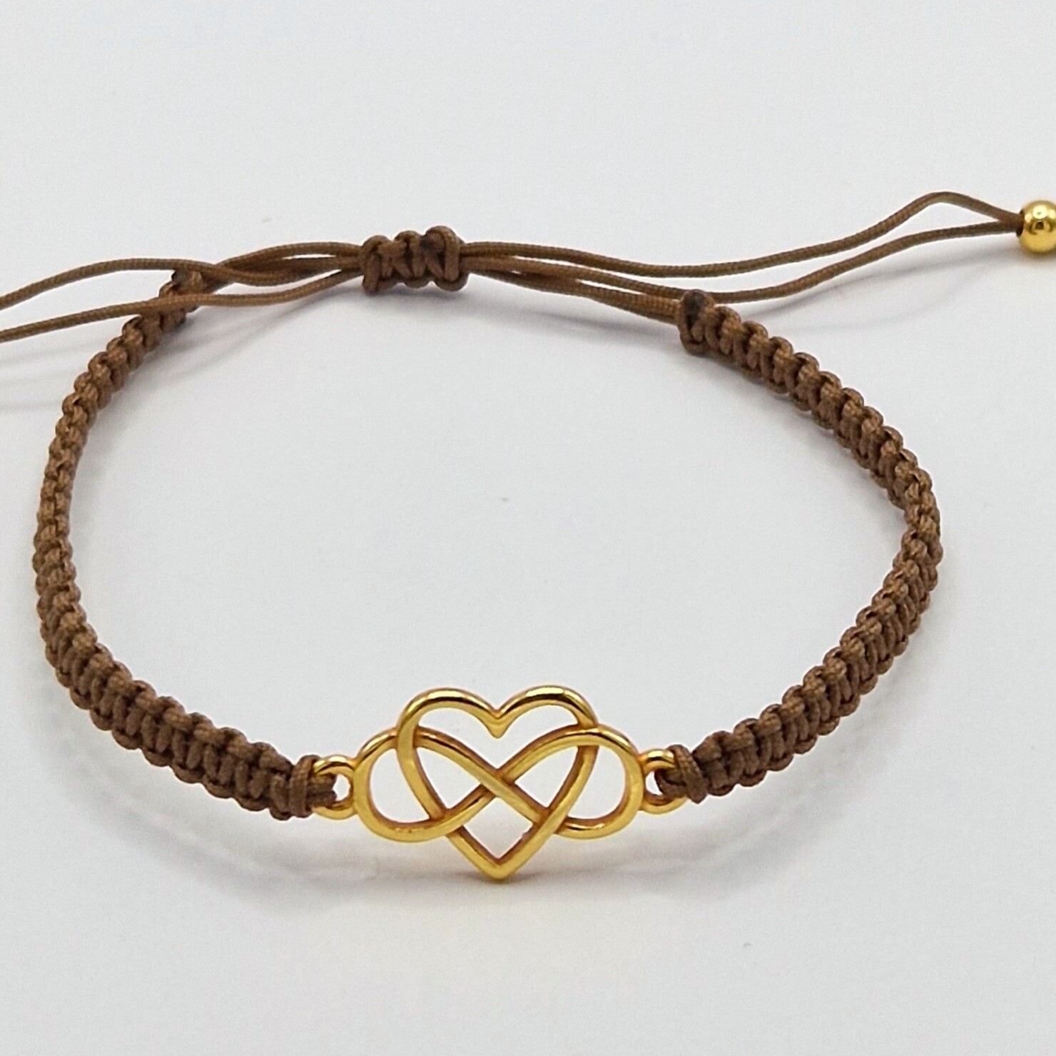 Armband Infinity Herz vergoldet, Bandfarbe braun