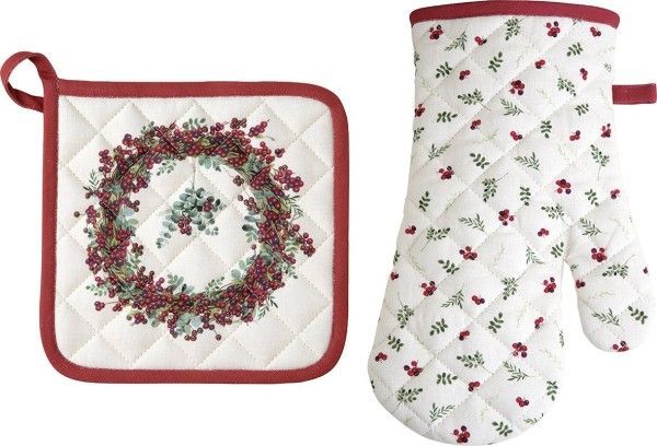 Set aus Grillhandschuh und Topflappen Berry Wreath creme
