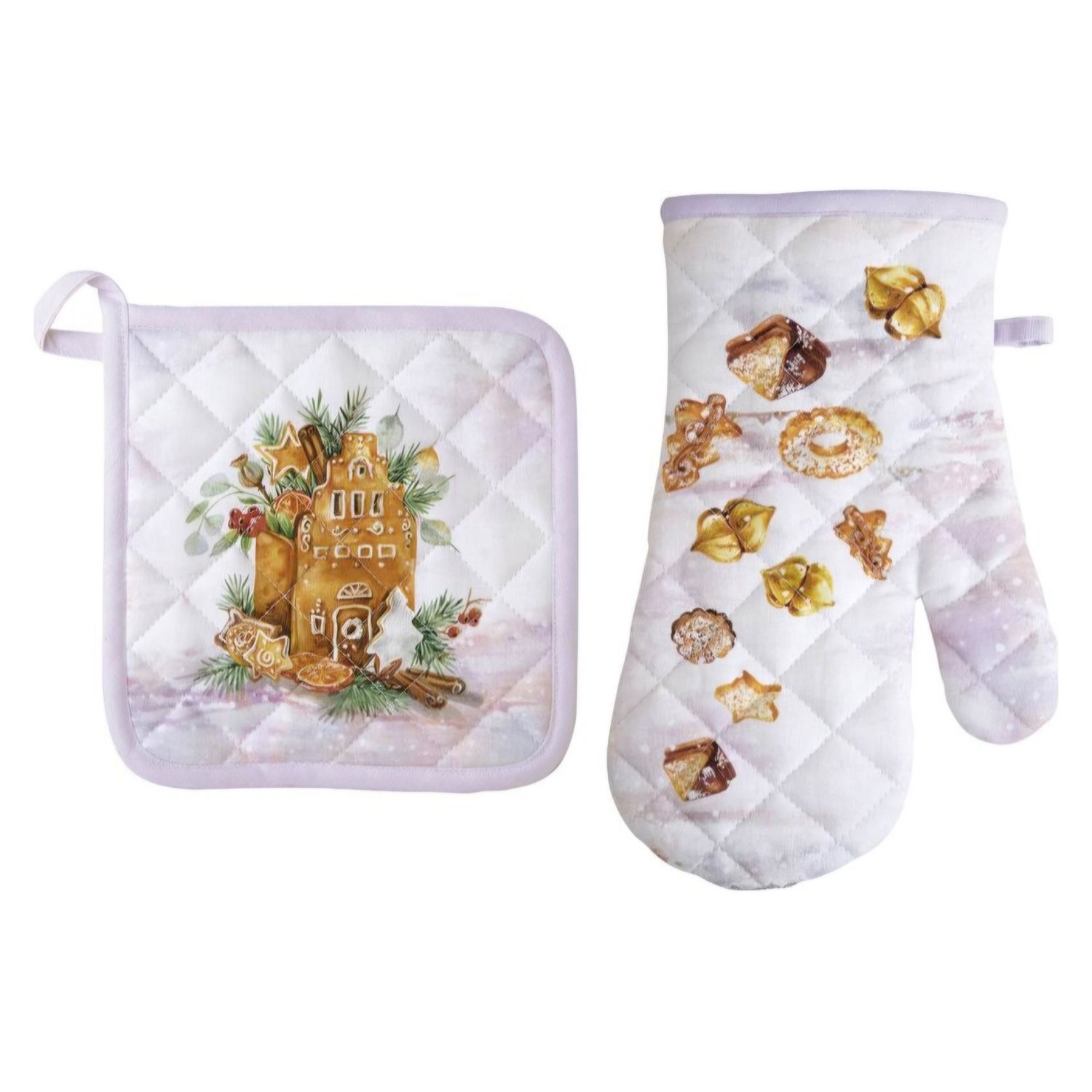 Set aus Grillhandschuh und Topflappen Gingerbread House