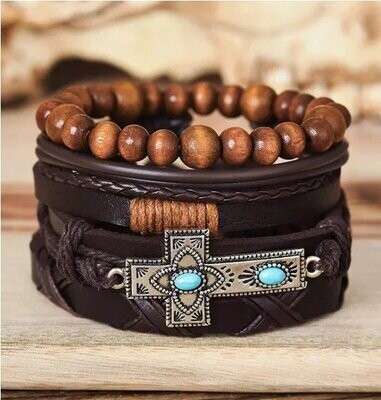 Cross Adorn Leather Beaded Bracelet