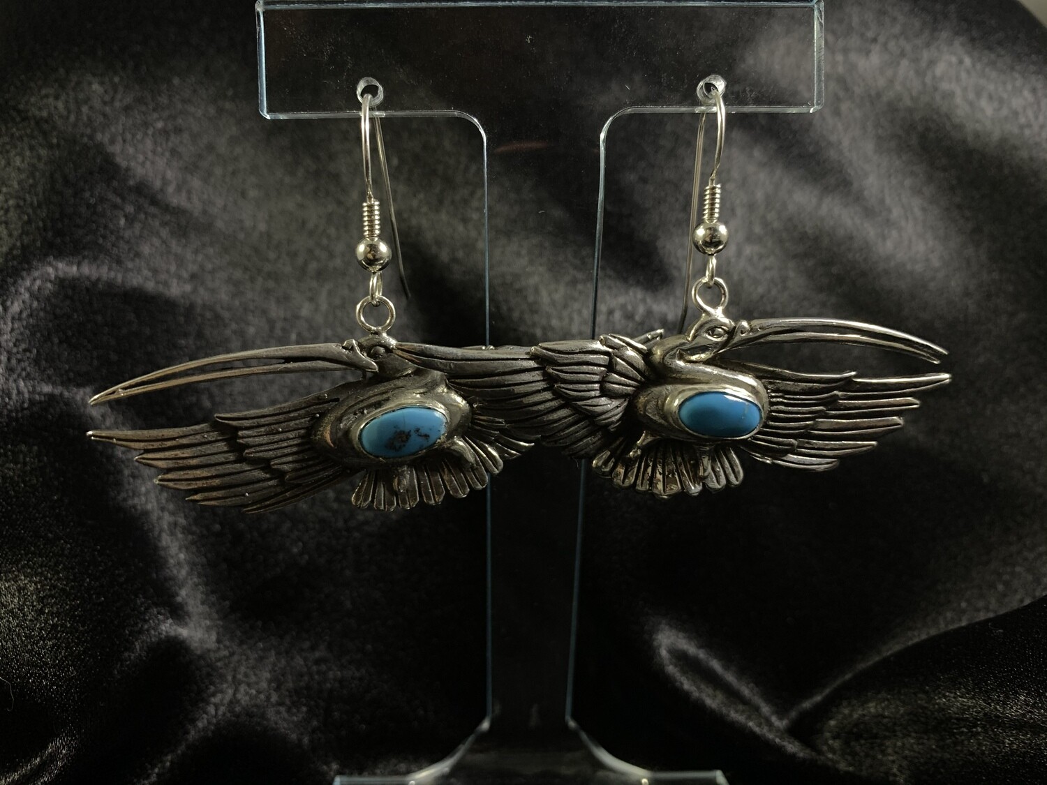 Sterling Silver and Sleeping Beauty Turquoise Aztec Pelican Earrings (SO)