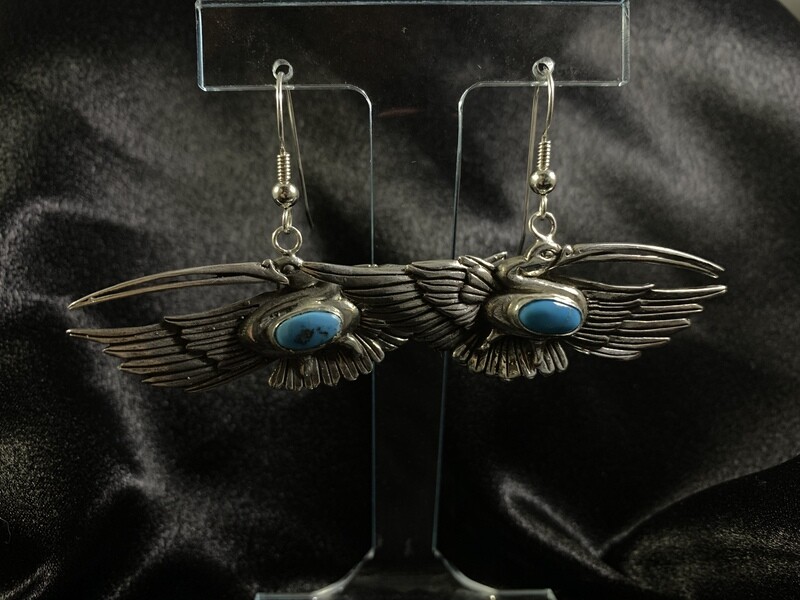 Sterling Silver and Sleeping Beauty Turquoise Aztec Pelican Earrings (SO)